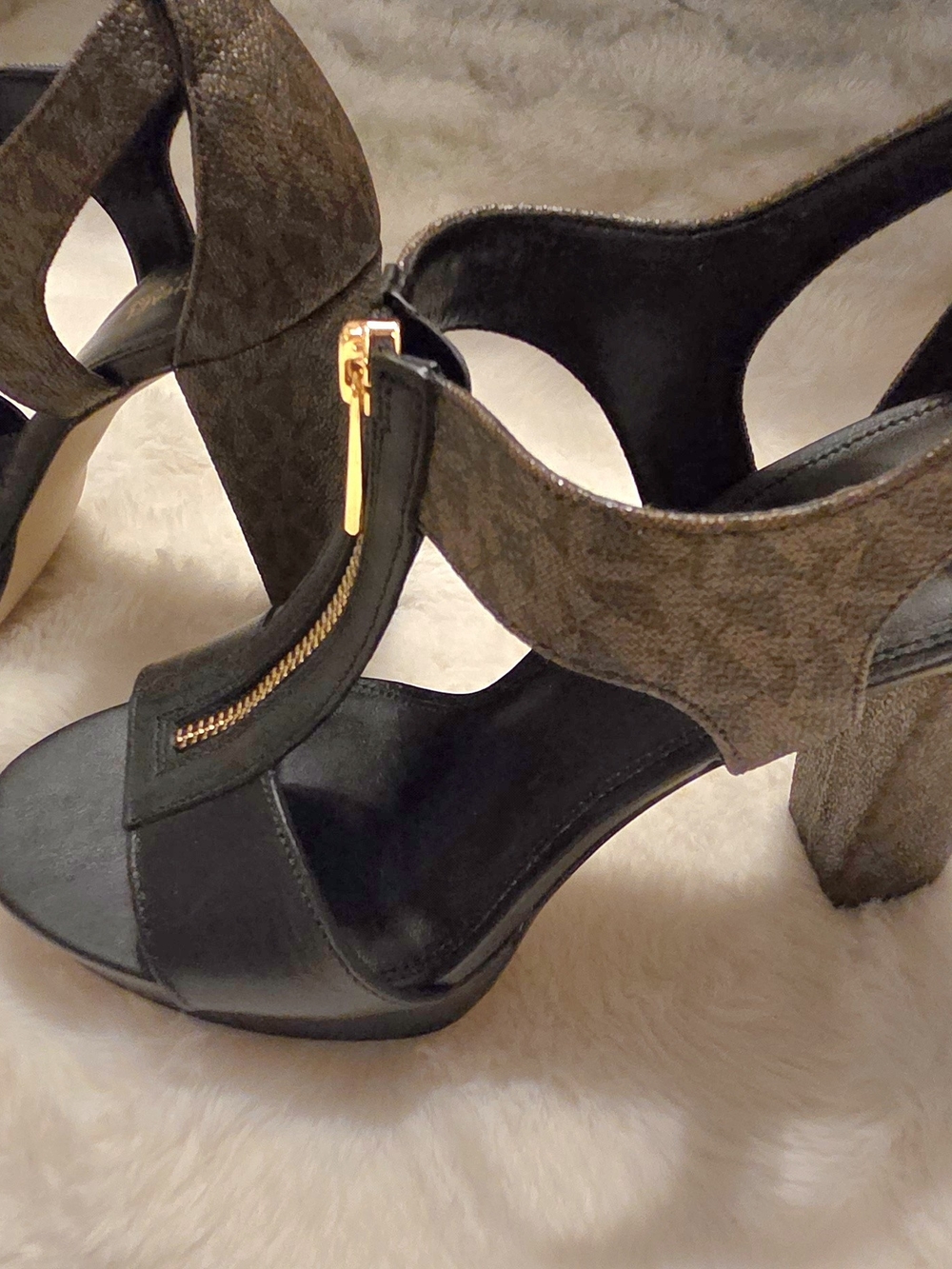Michael Kors Black and Brown High Heel Sandals with Gold Zip Detail